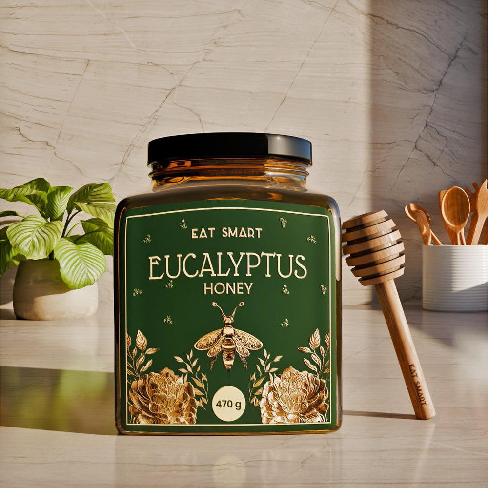 Raw Eucalyptus honey in glass jar - no additives